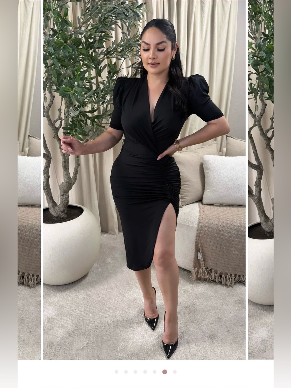 Black Ruched Wrap Midi Dress with Side Slit